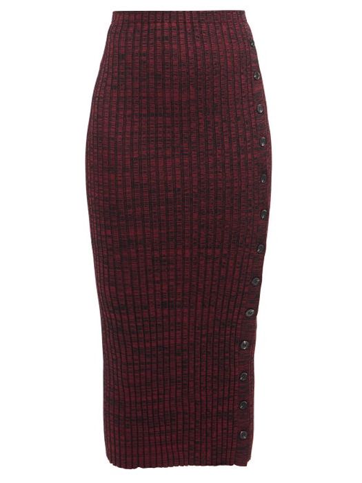 Self-portrait - High-rise Ribbed-knit Pencil Skirt - Womens - Dark Red