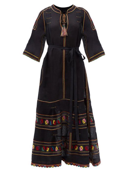 Vita Kin - Salma Embroidered Linen-voile Maxi Dress - Womens - Black Multi
