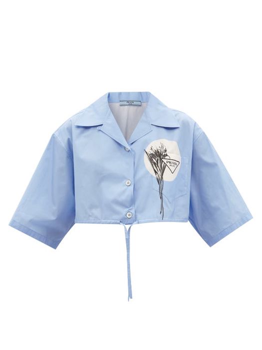 Prada - Printed Cropped Cotton-poplin Shirt - Womens - Light Blue