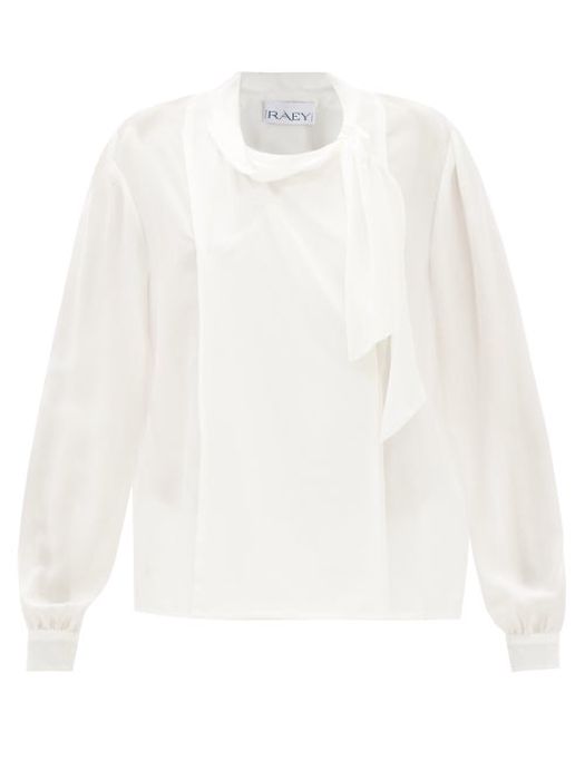 Raey - Pussy-bow Drape-front Silk Blouse - Womens - Ivory