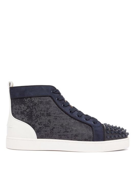 Christian Louboutin - Lou Spikes Mesh And Suede High-top Trainers - Mens - Navy