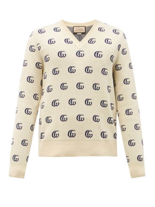 Gucci - V-neck Gg-jacquard Cotton Sweater - Mens - White