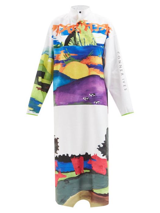 Conner Ives - Folk Art-print High-neck Fleece Maxi Dress - Womens - White Multi