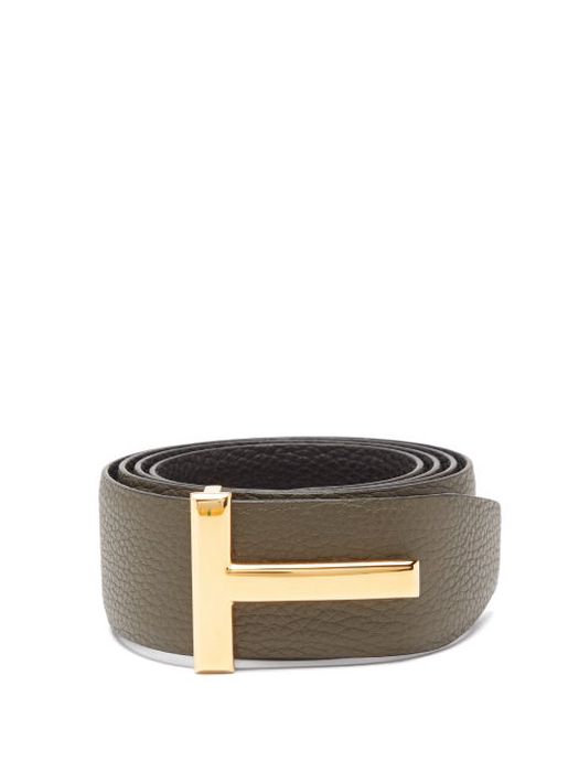 Tom Ford - T-logo Reversible Leather Belt - Mens - Black Khaki