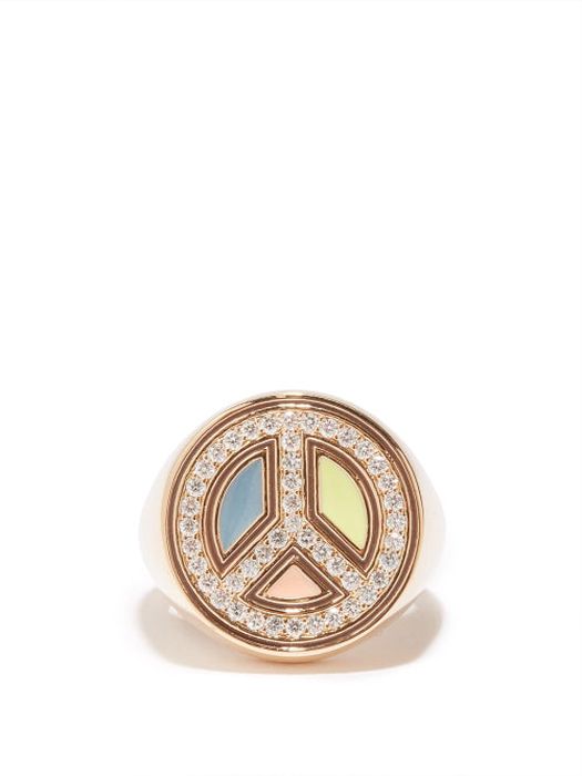 Alison Lou - Peace Out Diamond, Enamel & 14kt Gold Signet Ring - Womens - Gold Multi
