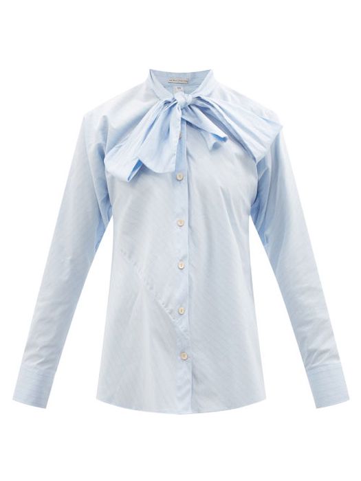 Palmer//harding - Pussy-bow Striped Cotton-blend Poplin Shirt - Womens - Blue