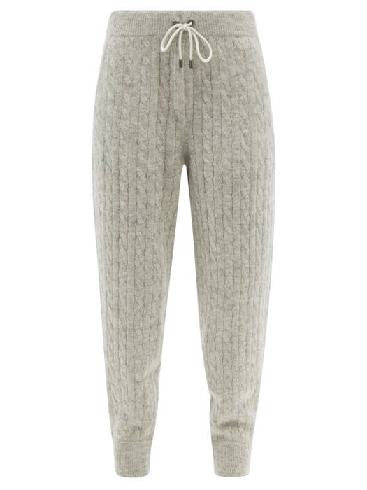Brunello Cucinelli - Drawstring-waist Cable-knit Lamé Track Pants - Womens - Light Grey