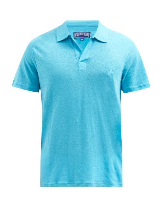 Vilebrequin - Pyramid Logo-embroidered Linen Polo Shirt - Mens - Light Blue