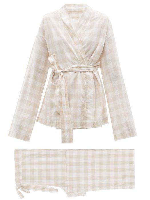 General Sleep - Wrap Organic-cotton Gingham Pyjama Set - Womens - Beige White