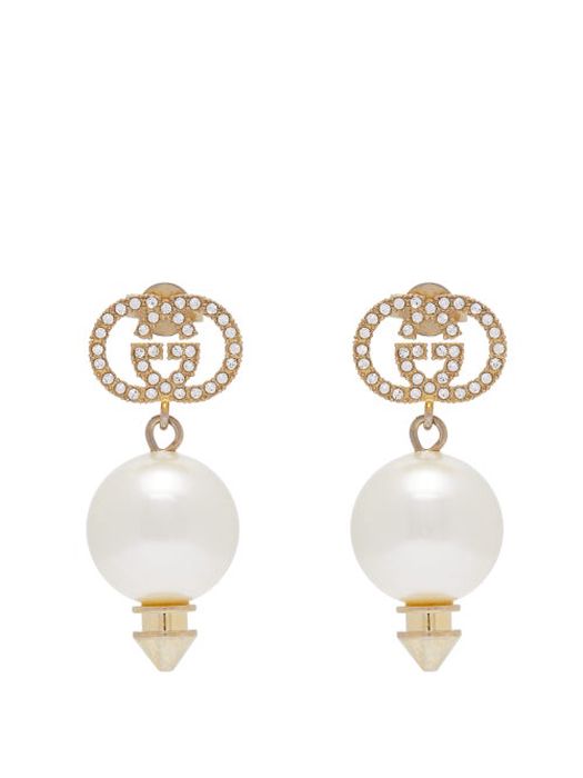 Gucci - Crystal-embellished Gg Earrings - Womens - Pearl