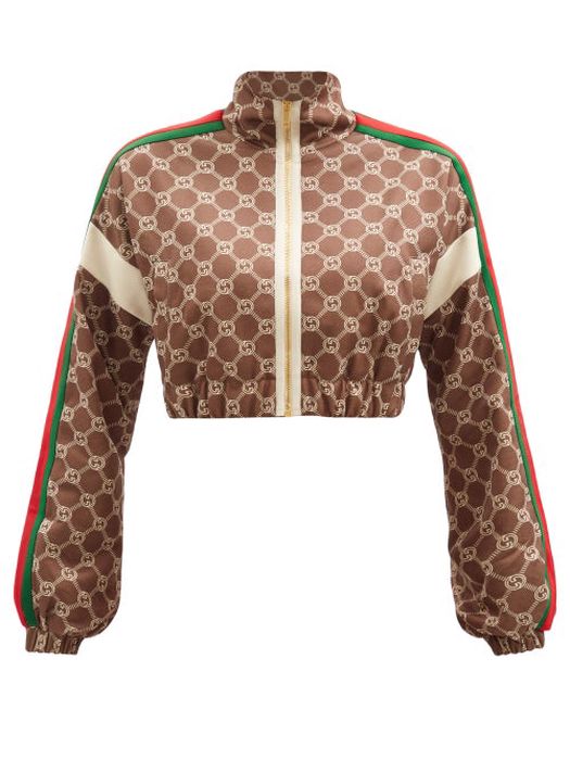 Gucci - GG-logo Print Cropped Jersey Track Jacket - Womens - Brown Multi
