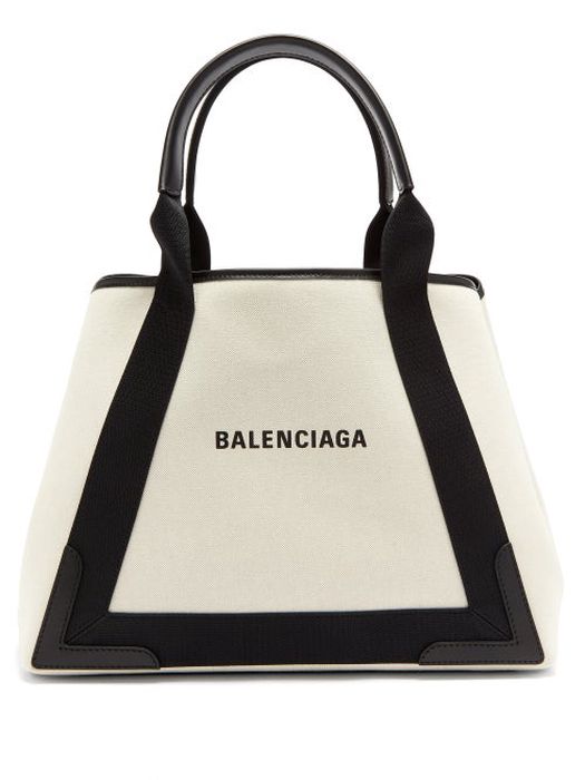 Balenciaga - Cabas M Logo-print Leather-trim Canvas Bag - Womens - Black Cream