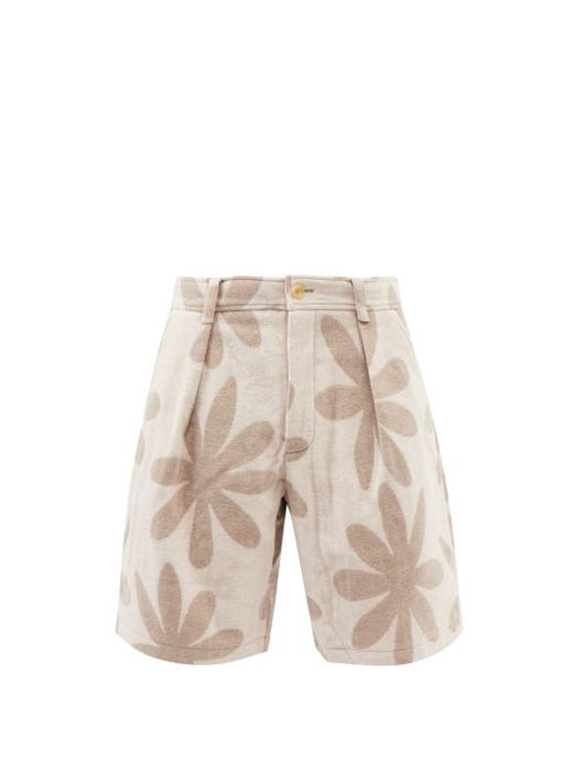 Jacquemus - Floral-print Pleated Wool-blend Shorts - Mens - Beige