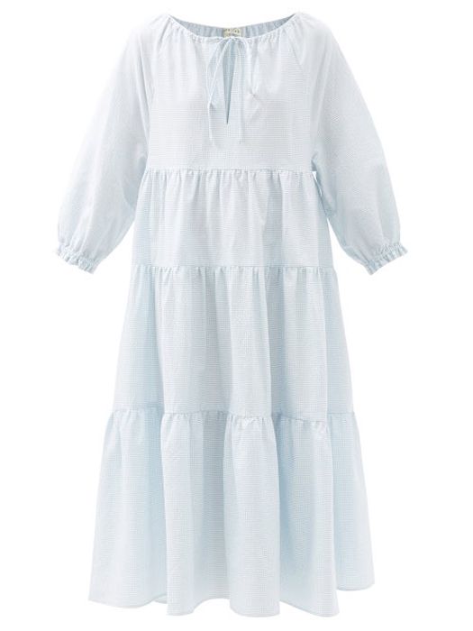 Casa Raki - Josefina Tiered Checked Organic-cotton Midi Dress - Womens - Light Blue