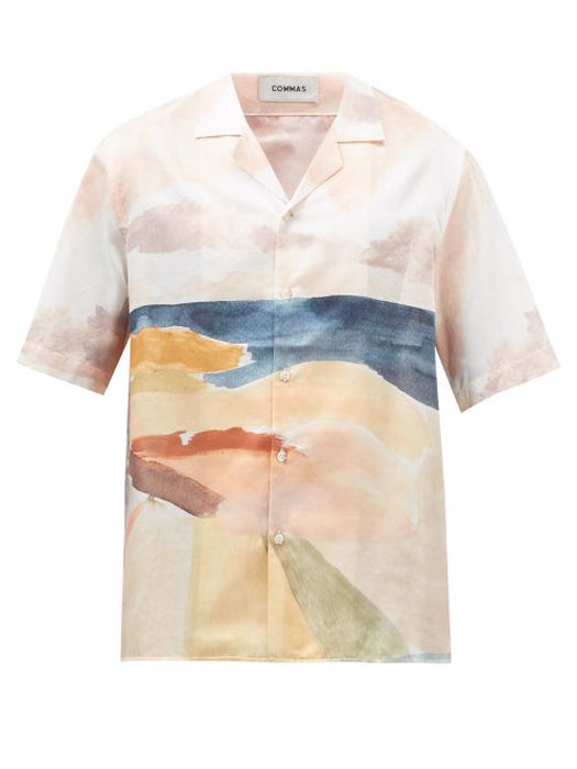 Commas - Shoreline-print Cuban-collar Silk-blend Shirt - Mens - Cream Multi
