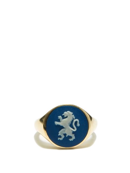 Ferian - Lion Wedgwood Cameo & 9kt Gold Signet Ring - Womens - Blue White