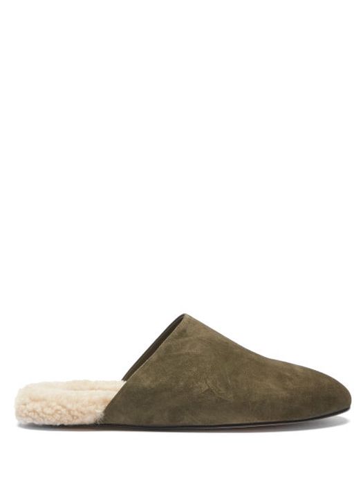 Inabo - Slider Suede And Shearling Slippers - Mens - Khaki