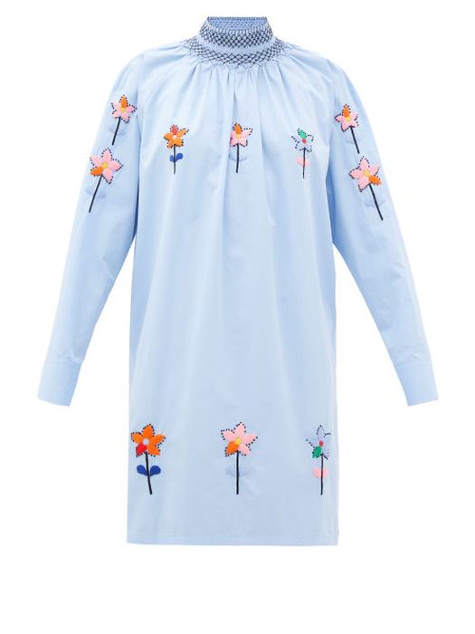 Prada - Floral-embroidered Cotton-poplin Tunic Blouse - Womens - Light Blue