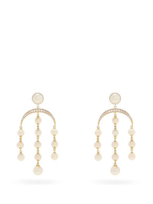 Mateo - Crescent Moon Diamond, Pearl & 14kt Gold Earrings - Womens - Pearl