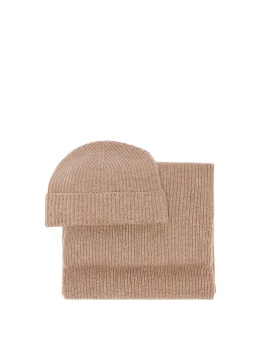 Johnstons Of Elgin - Ribbed-cashmere Beanie And Scarf Set - Womens - Beige Brown