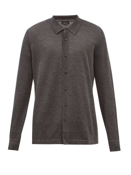 Brioni - Semi-spread Collar Cashmere-jersey Shirt - Mens - Dark Grey