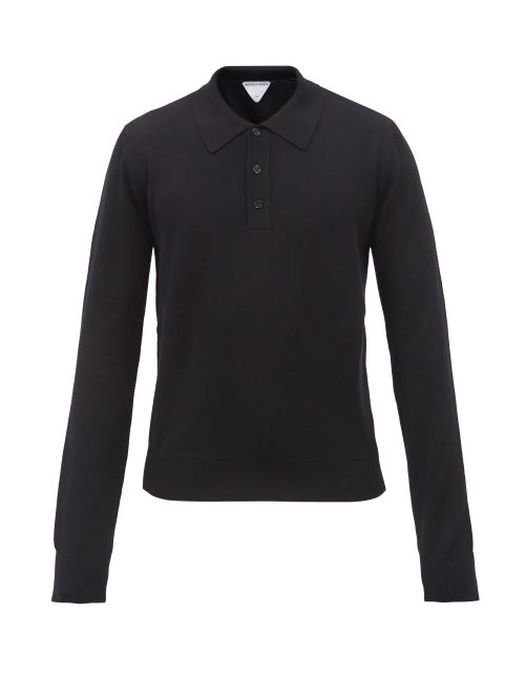 Bottega Veneta - Knitted Wool-blend Long-sleeved Polo Shirt - Mens - Black