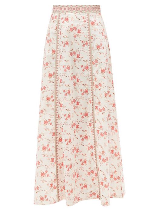Emporio Sirenuse - Camille Embroidered Floral Cotton-voile Skirt - Womens - Pink Floral