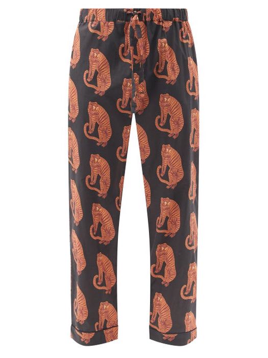 Desmond & Dempsey - Sansindo Tiger-print Cotton Pyjama Trousers - Mens - Black Orange