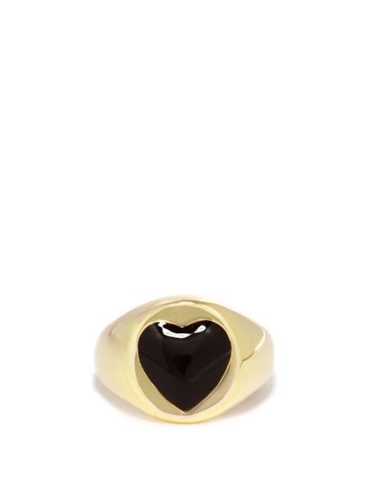 Wilhelmina Garcia - Heart Enamel & 18kt Gold-vermeil Signet Ring - Womens - Black Gold