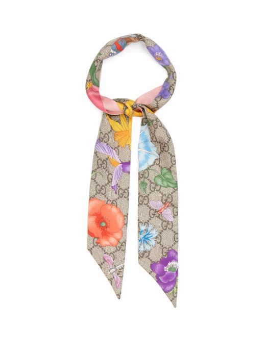 Gucci - GG Jacquard And Floral-print Slim Silk Scarf - Womens - Beige Multi