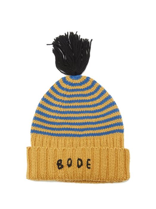 Bode - Logo Striped Wool Pompom Beanie Hat - Womens - Yellow Multi