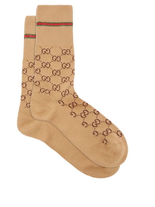 Gucci - GG-jacquard Web-striped Cotton-blend Socks - Womens - Beige Print