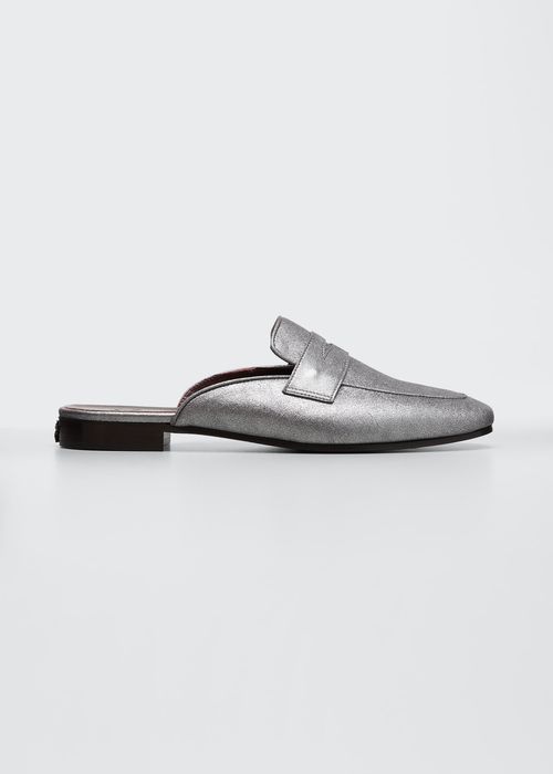Metallic Leather Penny Loafer Mules
