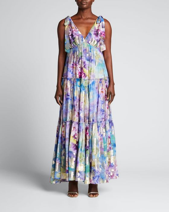 Floral Jacquard Empire-Waist Maxi Dress