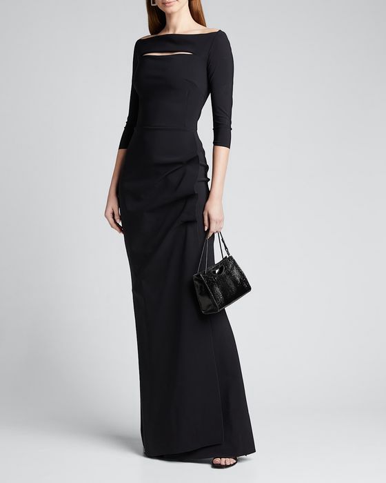 Kate Long-Sleeve Gathered Trumpet Evening Gown