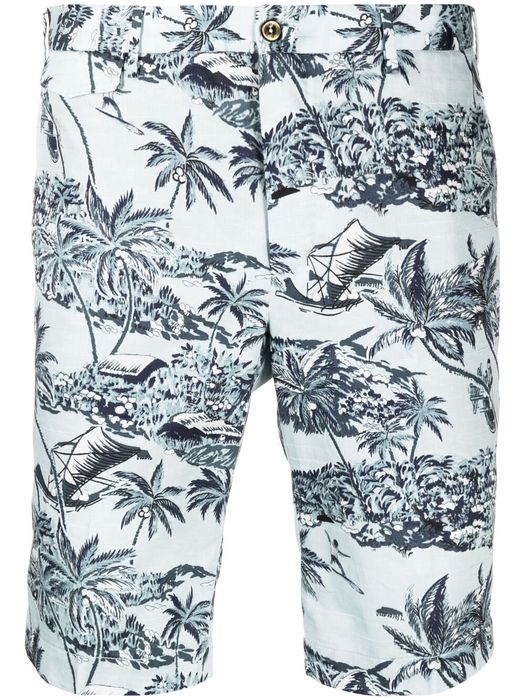 Pt01 palm-tree print cotton shorts - Blue