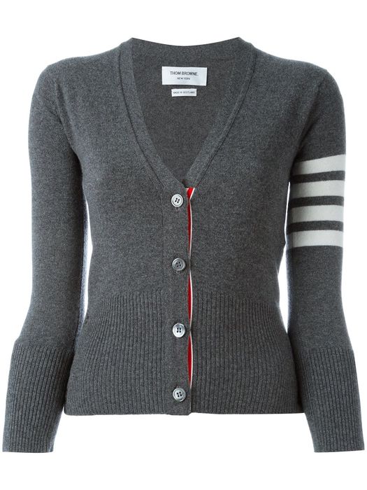 Thom Browne Classic V-Neck Cardigan In Cashmere With White 4-Bar Sleeve Stripe - Grey