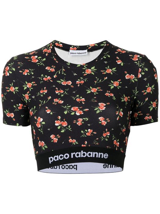 Paco Rabanne floral-print cropped T-shirt - Blue