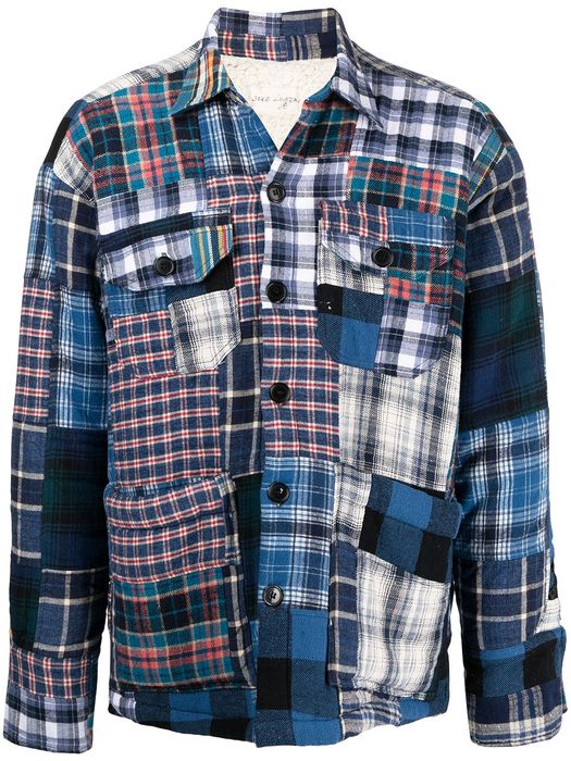 Greg Lauren patchwork shearling-lined shirt jacket - Blue