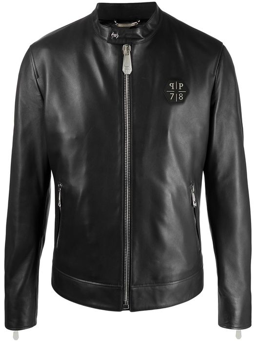 Philipp Plein logo-patch leather jacket - Black