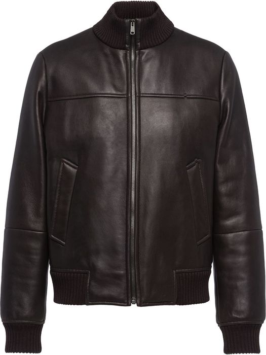 Prada funnel neck leather jacket - Brown