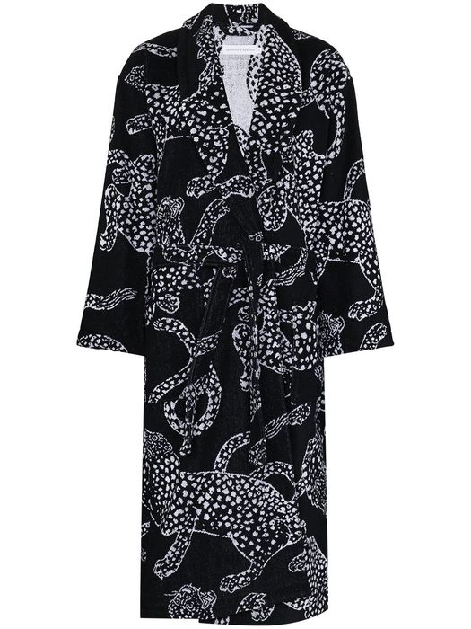 Desmond & Dempsey jaguar-print cotton robe - Black