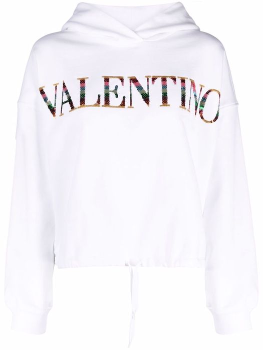 Valentino sequin-logo drawstring hoodie - White