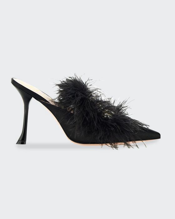 100mm Pointed-Toe Mules with Feathers