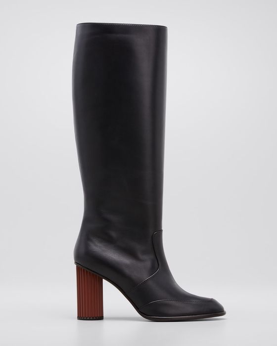 Calf Leather Column-Heel Knee Boots