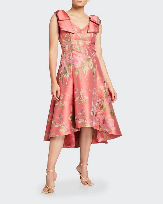 Floral Jacquard Draped Bow-Shoulder Midi Dress