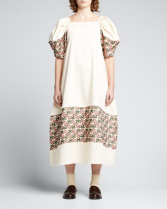 Embroidered-Inset Square-Neck Midi Dress