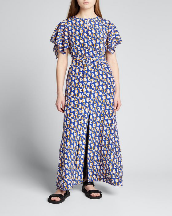 Leopard-Print Long Silk Dress w/ D-Ring Belt