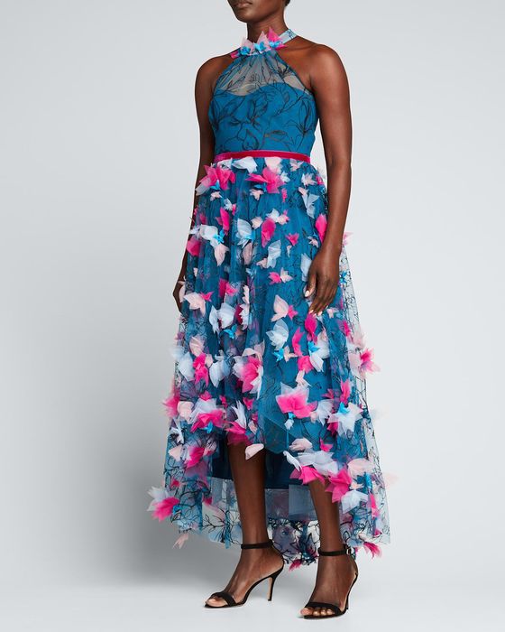 High-Low Printed Tulle Halter Gown
