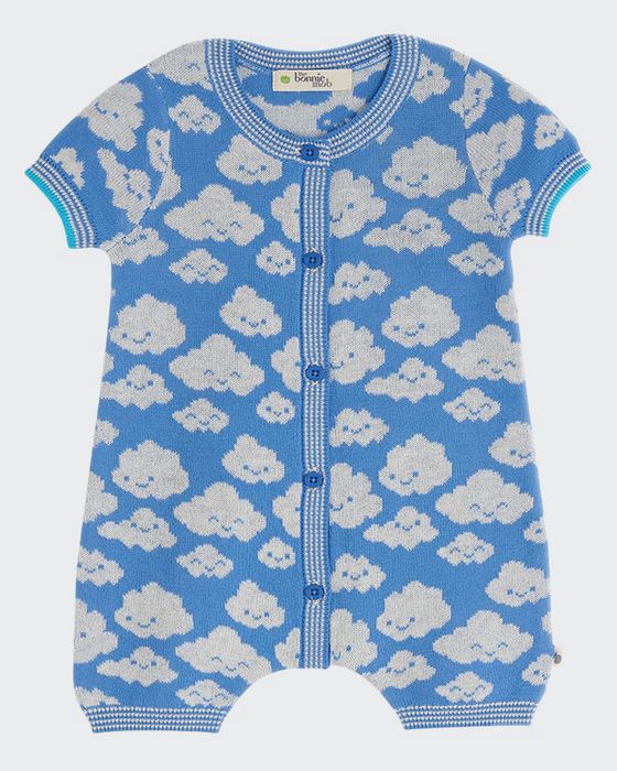 Kid's Hockney Short-Sleeve Cloud Rib Knit Playsuit, Size 0-18M